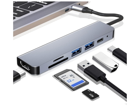 Adaptador USB C 6 en 1, CHRONUS 2110C, con Concentrador USB 3.0, Lector de Tarjetas SD/TF, PD de 100W, Gris