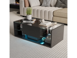 Mesa De Centro De Salón Con Led Rgb Y Mando A Distancia, Negra Brillante, Estilo Nórdico, 150x50x35cm, Con Cajón Y 4 Cristales Templados, Luz Ambiental