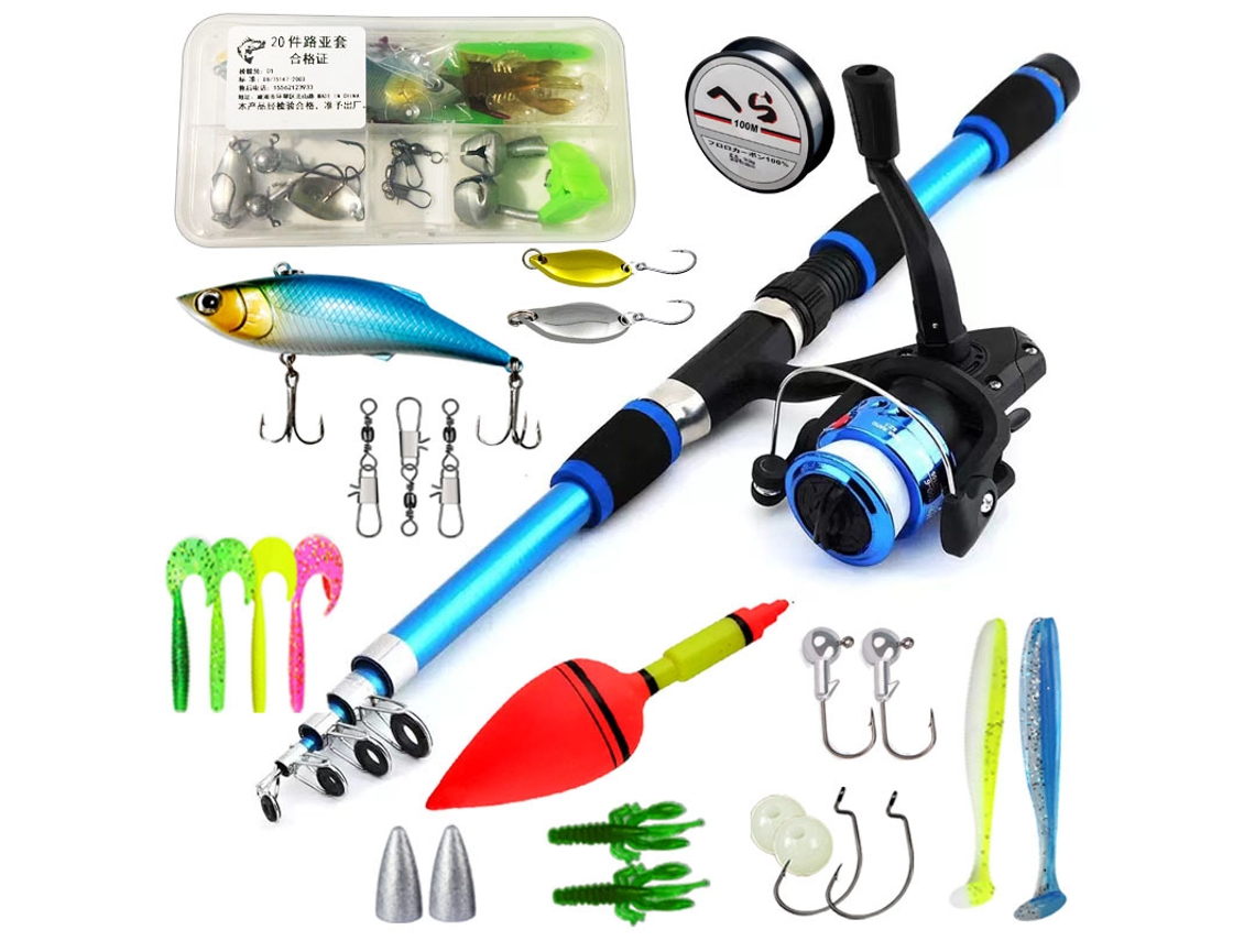 Caña de pescar telescópica de 180 cm con carrete, kit completo para pescadores principiantes y jóvenes, color azul Siurn