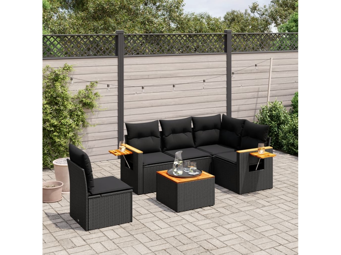 Conjunto de sofá de jardín de 6 piezas con cojines, mimbre sintético negro, DKD Home Decor