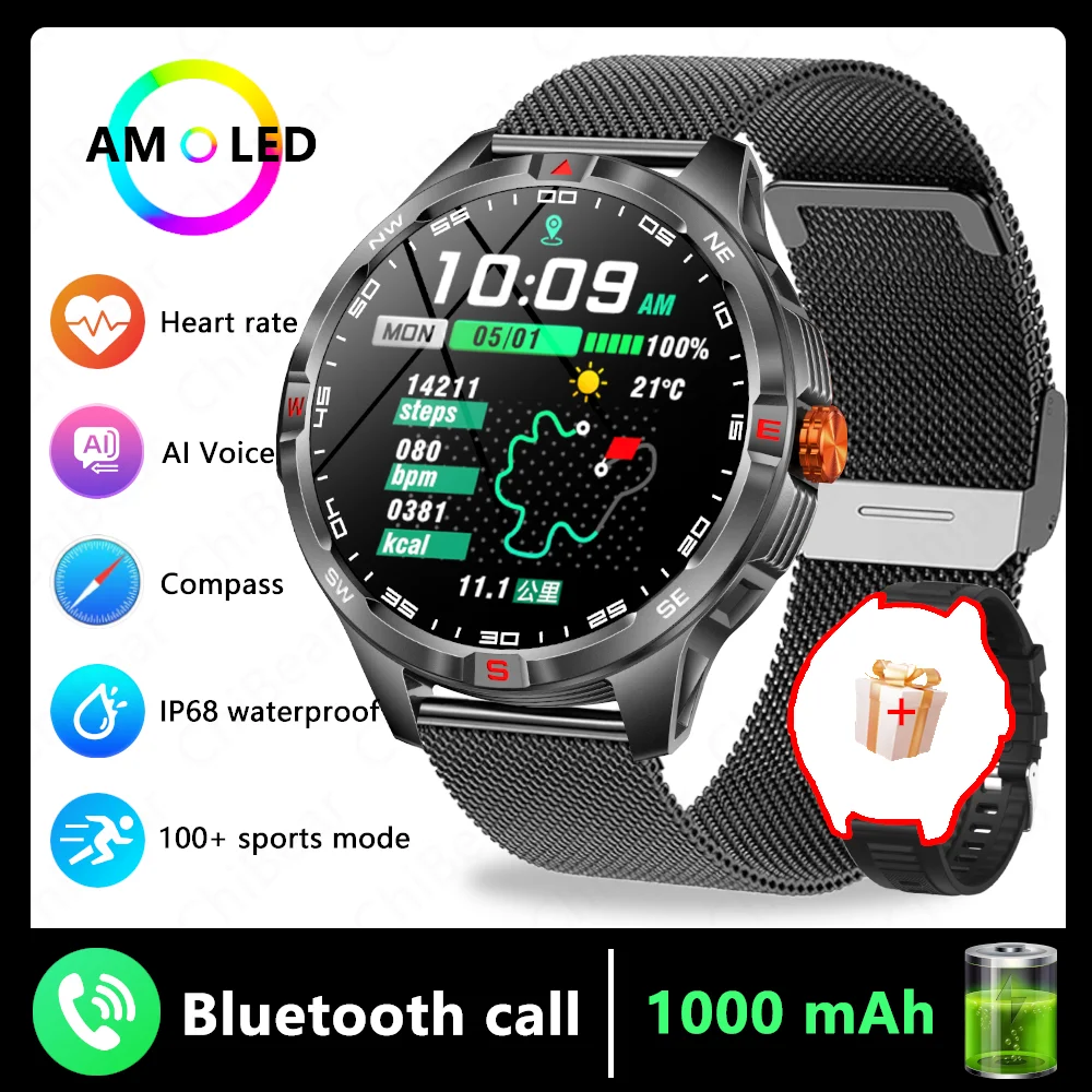 Reloj inteligente, navegación GPS, brújula, resistente al agua, deportivo y de fitness MDUG (correa de malla negra)