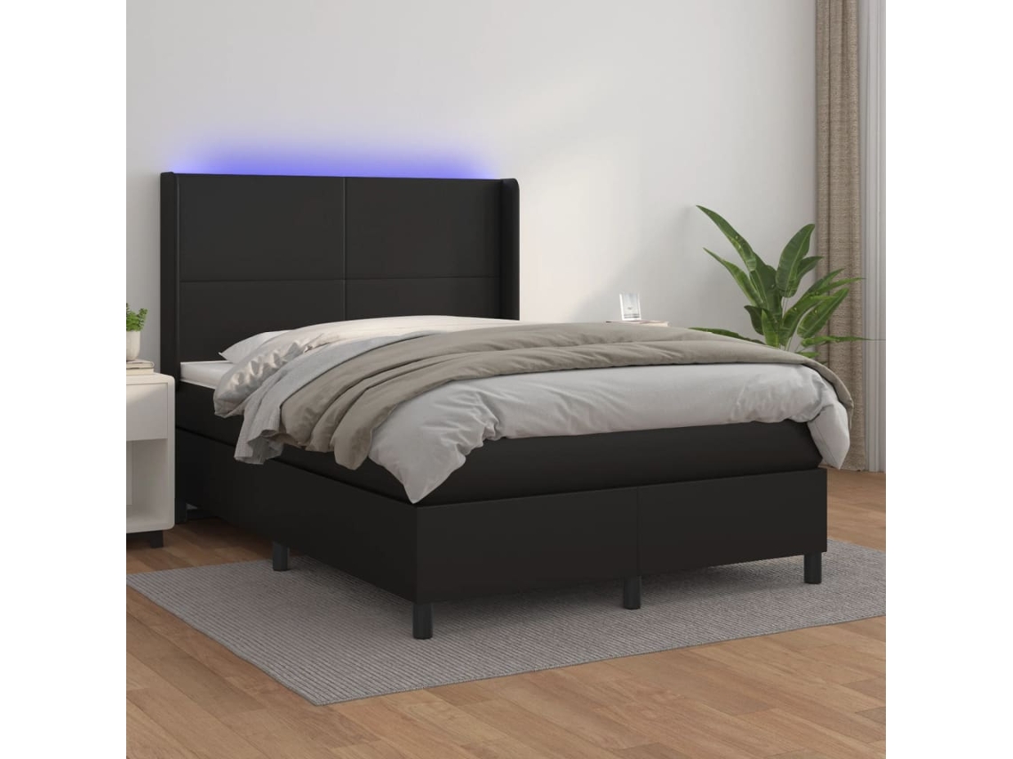 Cama Box Spring Colchón Y Led Cuero Sintético Negro 140x200 Cm
