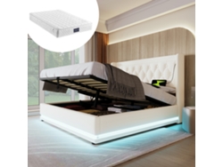 Cama Blanca De Pu De 140x200 Cm Con Led En 3 Lados Y Conexión Usb-c Hidráulica.