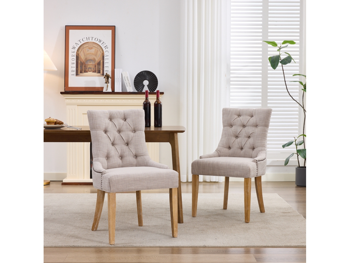 Silla de comedor de tela con patas desmontables y tachuelas decorativas – Silla tapizada, diseño moderno, juego de 2