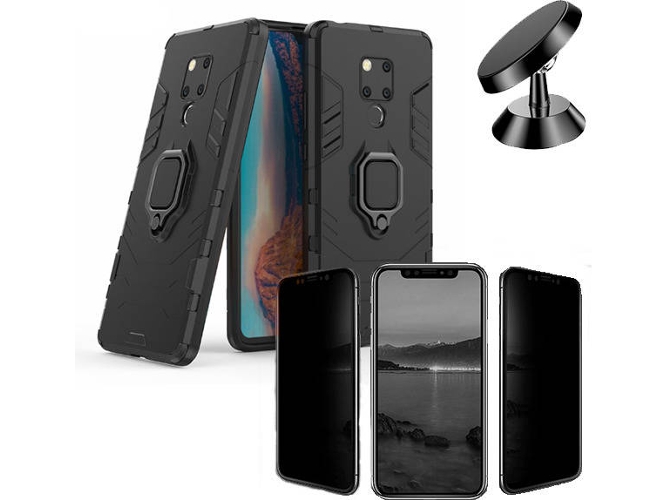 Kit Carcasa, Protector Privacy y Soporte Magnetico Huawei Mate 20 Military Defender Negro