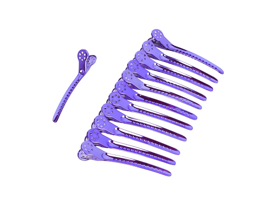 12 Pinzas De Acero Para El Cabello Con Punta De Pico De Pato Para Peinados De Salón, Color Morado.