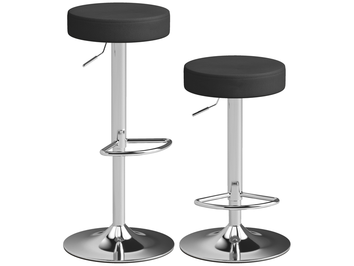 Juego De 2 Taburetes De Bar Modernos Y Ajustables En Piel Sintética Negra, Espuma Y Metal.