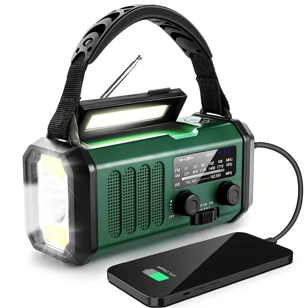 Radio de emergencia solar de 10000 mAh, NOAA AM/FM, sirena de alerta SOS