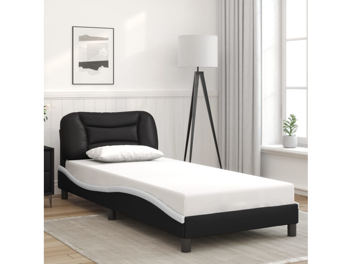 Estructura Cama Cabecero Cuero Sintético Negro Blanco 90x200 Cm