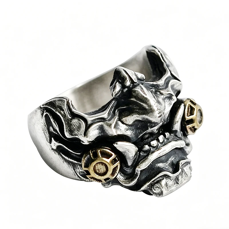 Anillo Abierto Gótico Oscuro, Con Estampado De Máscara Samurái Japonesa Para Hombre.