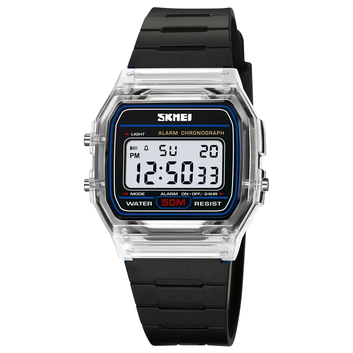 Reloj Digital Con Cronómetro Retroiluminado A Prueba De Golpes (blanco Y Negro) Con Correa De Tpu Transparente.