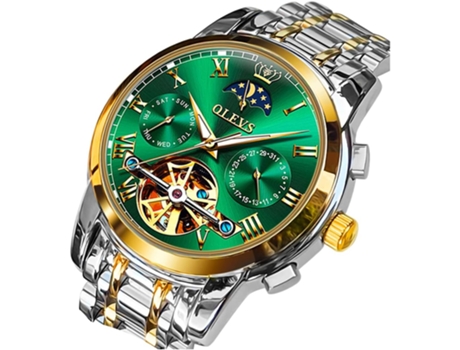 VEANXIN Reloj mecánico automático para Hombre Fase Lunar Hueco Acero Inoxidable 3AT Luminoso Reloj Impermeable para Hombre(Verde)