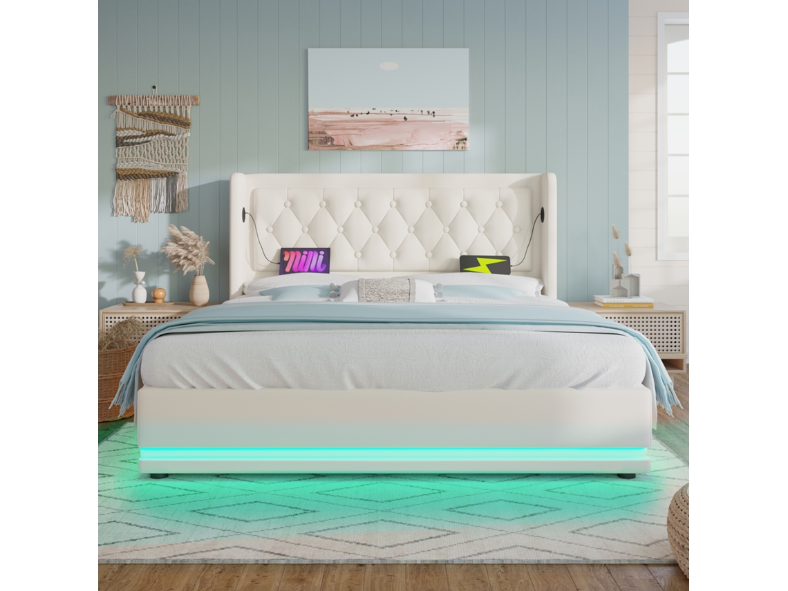 Cama Doble 160x200cm Pu, Hidráulica, Usb-c, Led 3 Lados, Cabecero Acolchado, Almacenamiento, Robusta 300kg, Sin Colchón, Blanco