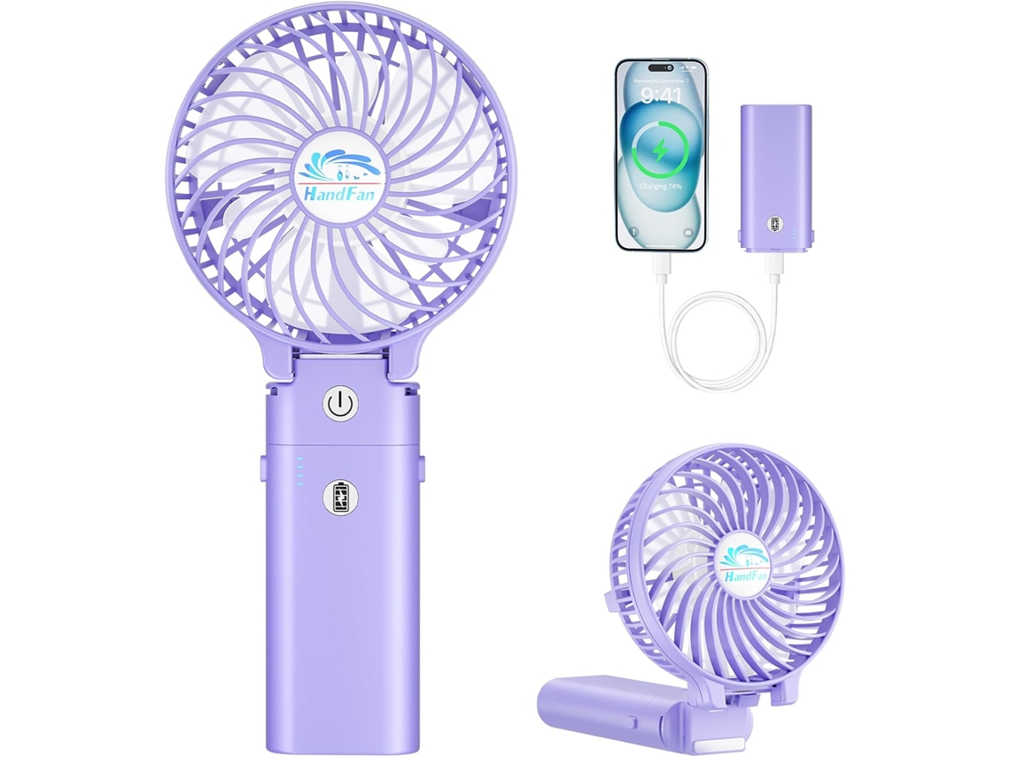 Ventilador de mano Lalamoli, portátil 2 en 1, recargable (5200 mAh), plegable para viajes/verano (morado)