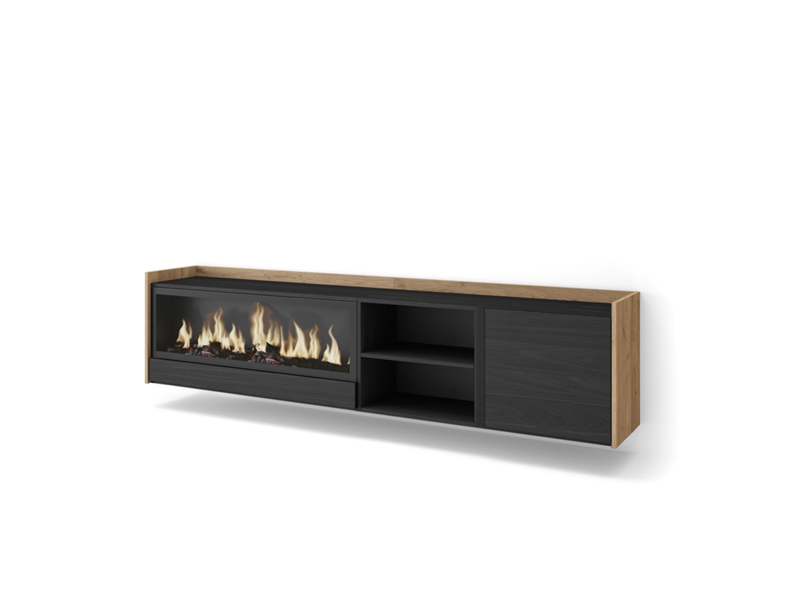 Mueble Tv, Televisión, 212x35x50cm, Para Tv Hasta 80", Chimenea Eléctrica Xxl, Colgado, Suspendido, Negro Y Roble