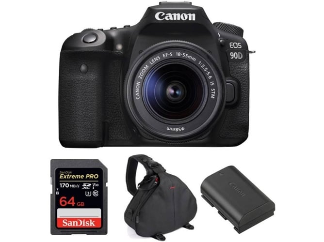 Kit Cámara Réflex CANON EOS 90D + 18-55mm IS STM + SanDisk 64GB + LP-E6N + Bolsa