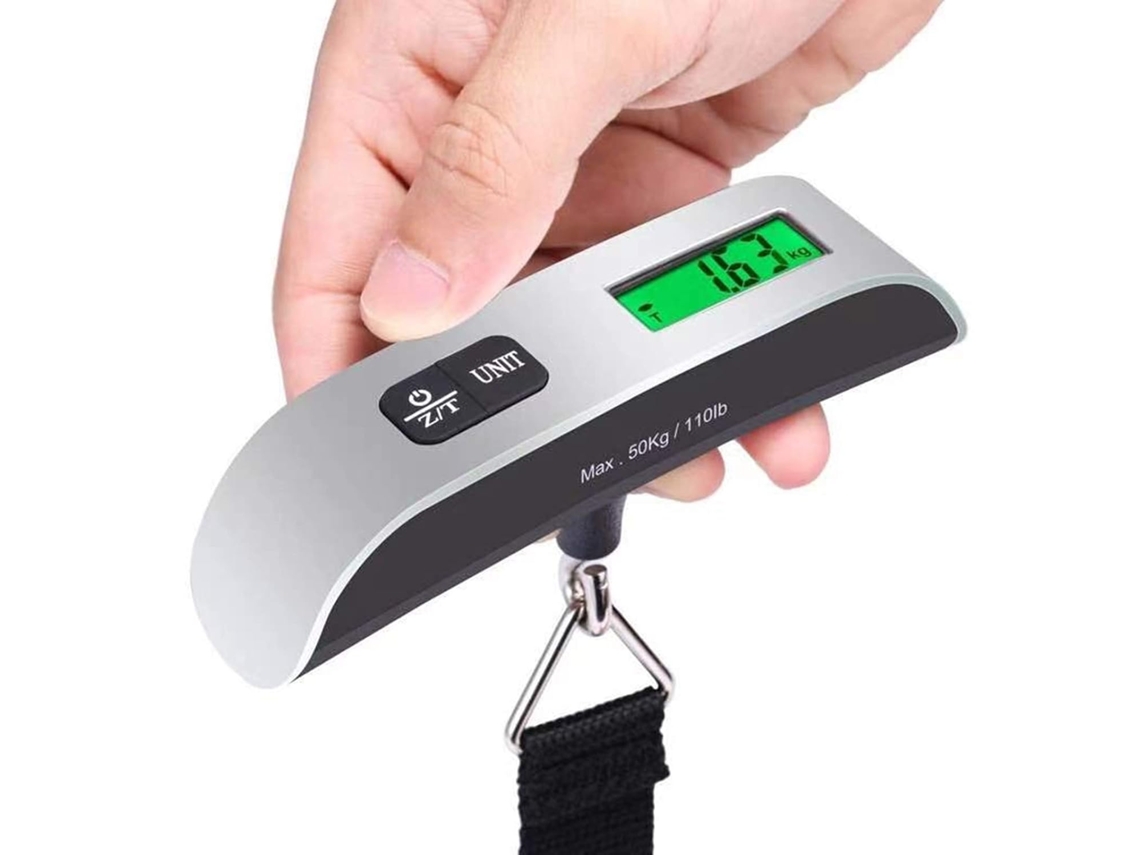 MEOIRUERY Compañera de viaje: Báscula digital para equipaje con pantalla LCD retroiluminada brillante y mango de goma para una medición precisa del peso. Portát