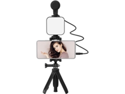 Kit Compacto Para Vlogging Con Smartphone Que Incluye Cámara, Teléfono, Luz Led, Abrazadera/soporte Y Cable De 3,5 Mm.