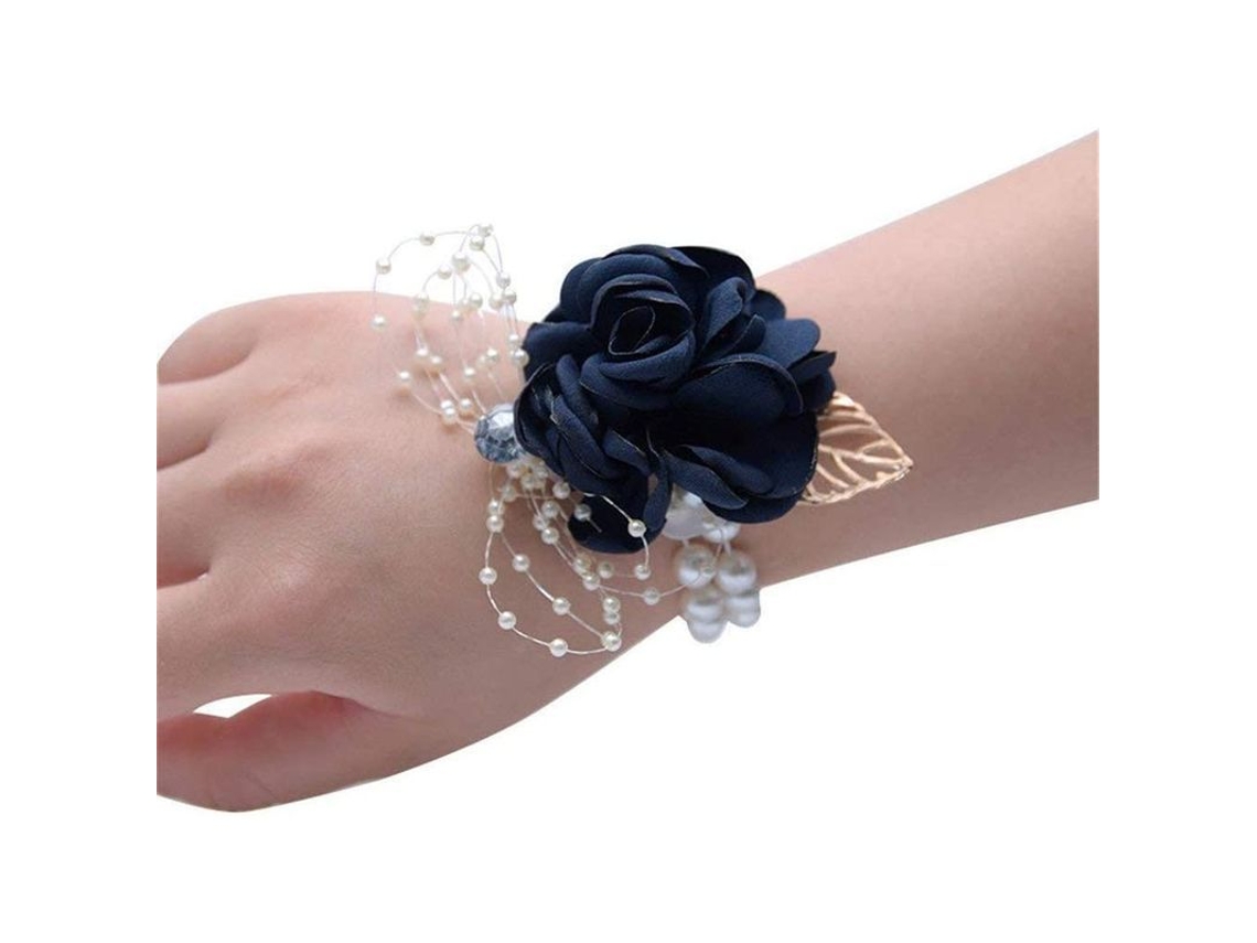 Ramillete De Muñeca Para Novia Y Damas De Honor Con Perlas De Imitación Y Flores Artificiales, Azul Oscuro.