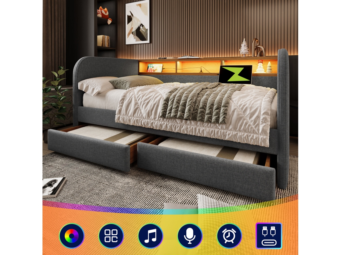 Sofá Cama De 140x190 Cm Con Led, Usb-c Y 2 Cajones, En Lino Gris.