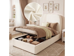 Cama Individual Tapizada Con Suspensión Hidráulica, 90x200 Cm, Somier De Láminas Bouclé Color Beige.