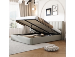 Cama Con Almacenamiento Tapizada Hidráulica Iluminación Led Gutent Piel Sintética Gris (140x190)