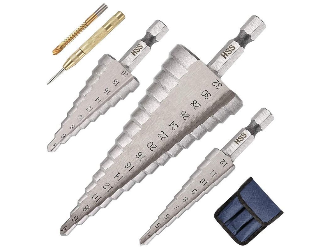 Kit de brocas escalonadas HSS con revestimiento de titanio LINJOU, de 4 a 32 mm, con punzón y broca helicoidal.