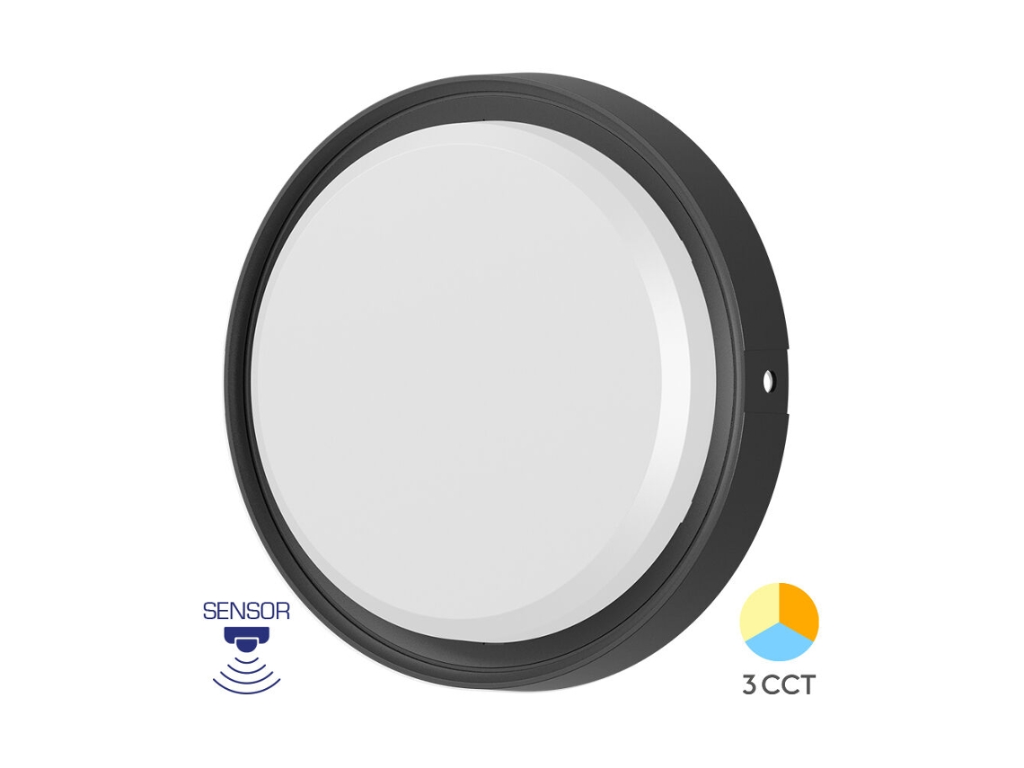 Aplique LED redondo de pared 18W negro 3 en 1 IP65 con sensor