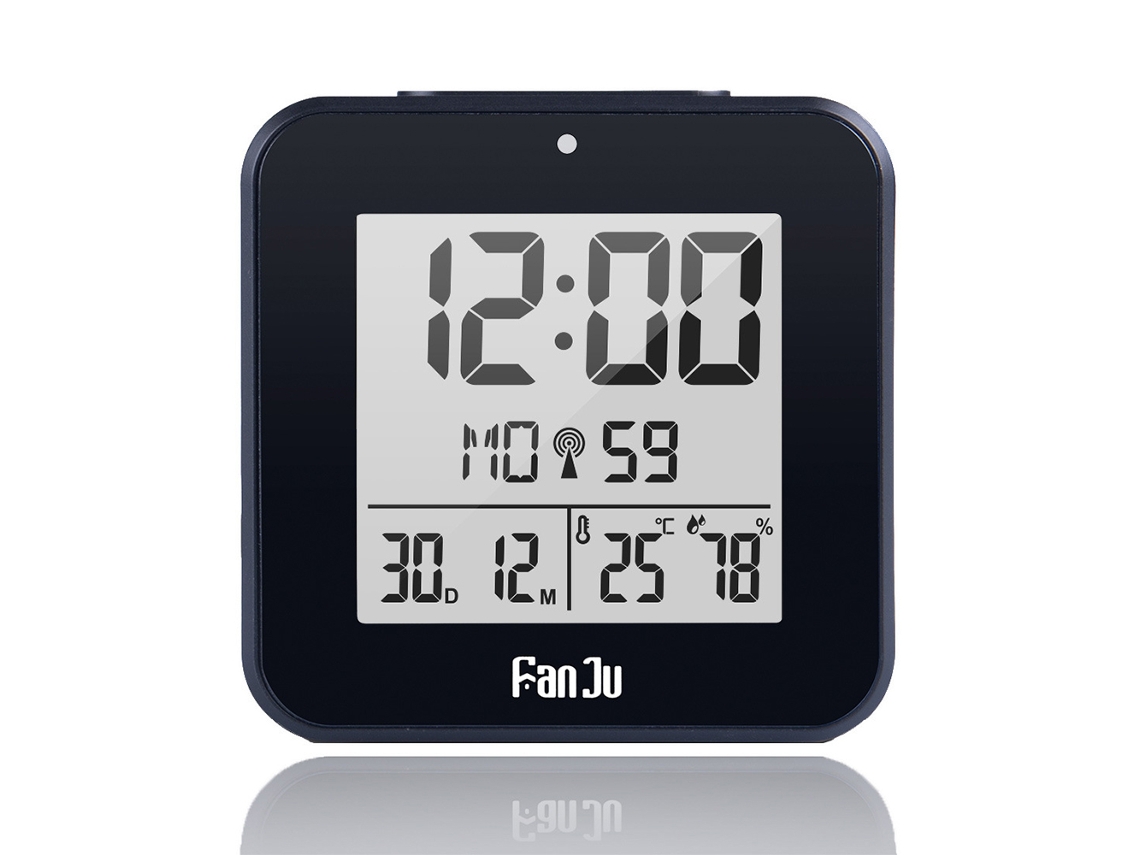 MEOIRUERY Diseño compacto despertador de radio digital, tamaño portátil negro elegante con pantalla LCD fácil de leer y una función de retroceso para dormitorio