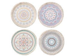 HYMNORA 4 Piezas de Posavasos Redondos Boho de Algodón para Platos y Bebidas Calientes, Posavasos de Algodón con Dibujos de Mandala y Flecos Resistentes al Ca