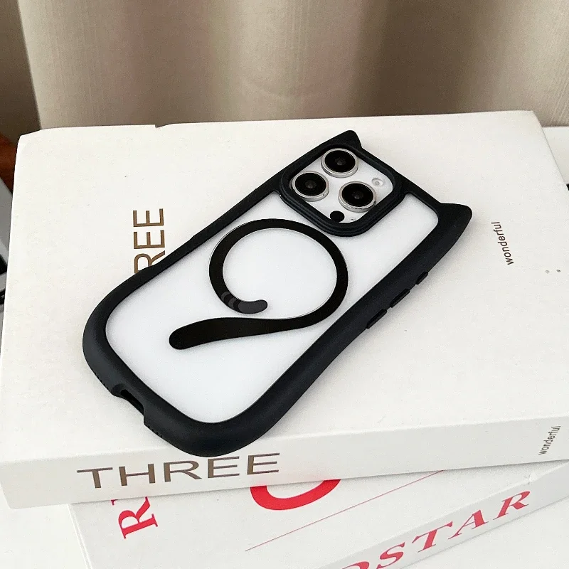 (negro, Iphone 12 Pro Max) Funda Transparente De Tpu Con Orejas De Gato En 3d Para Iphone, Carga Inalámbrica Magnética.