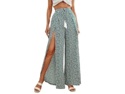 Calça pantalona com estampa floral boho, saia com fenda e laço frontal (2026).