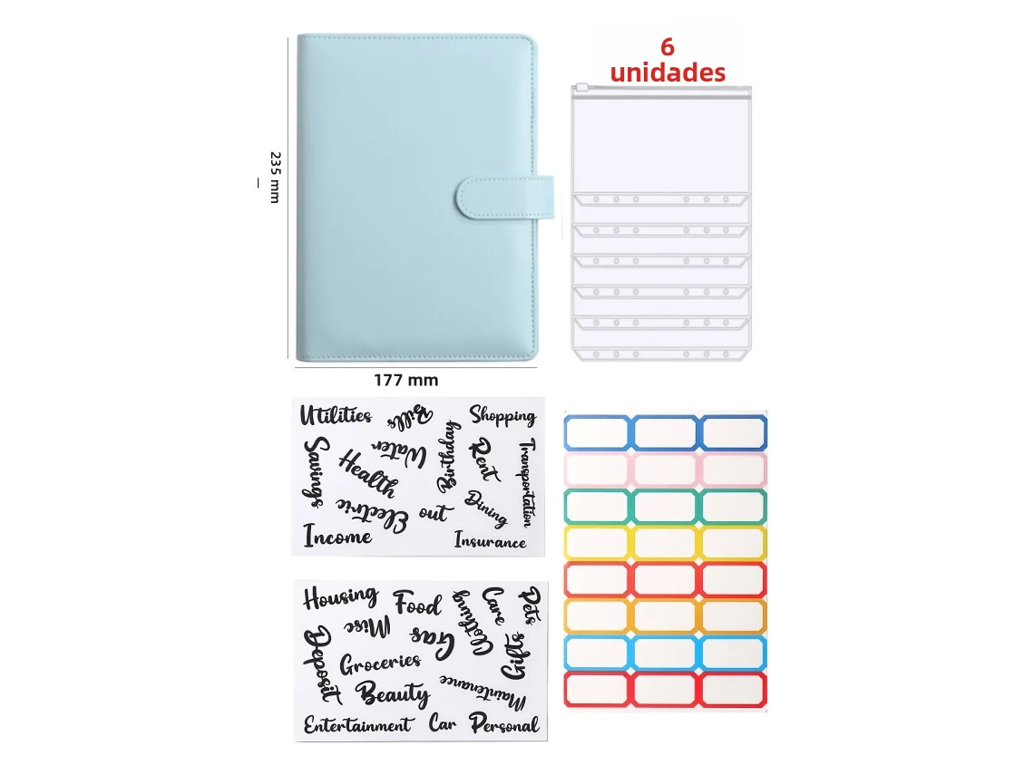 Carpeta de hojas sueltas A5 en piel sintética azul claro MDUG con ocho accesorios