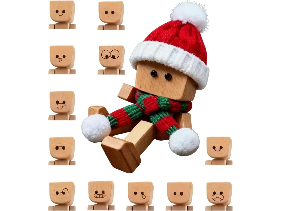 Figura Madera Temblorosa 12 Expresiones Magnéticas Piernas Móviles Sombrero Bufanda Cumpleaños Navidad Estante