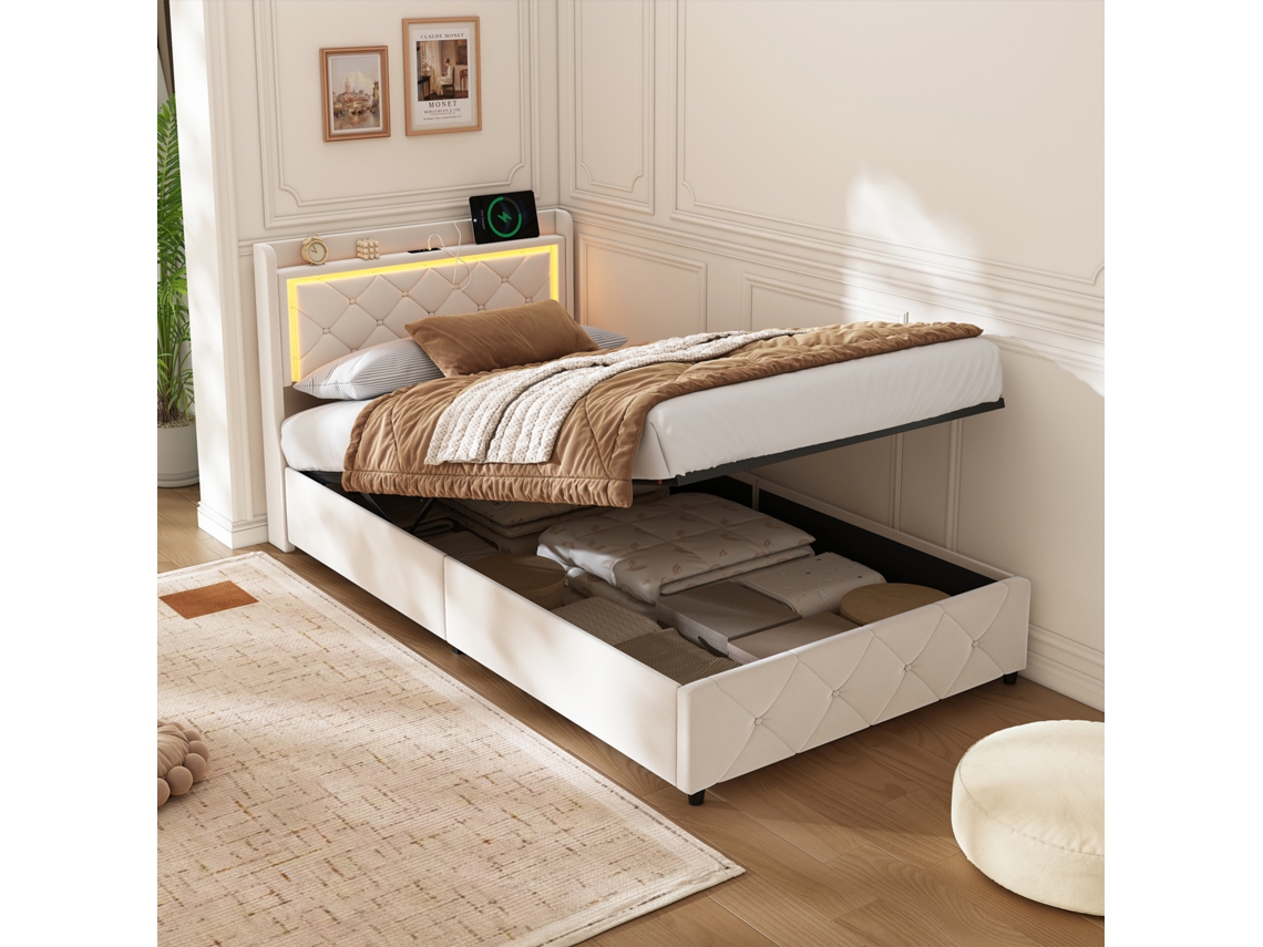 Cama Individual, 90x200 Cm, Tapizada Con Iluminación Led, Función De Carga Usb Tipo C Y Almacenaje, Terciopelo Beige.