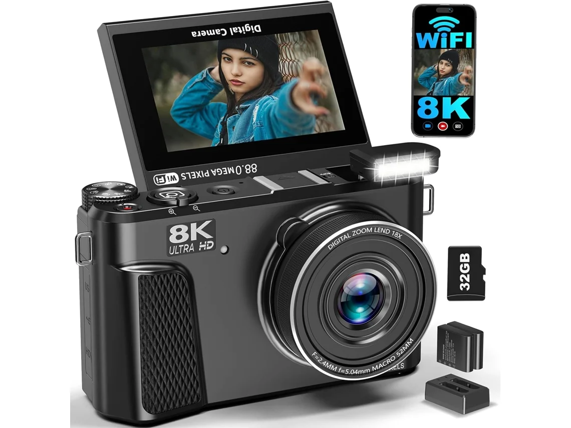 Cámara Digital 8k Para Fotografía, Cámara De Vlogs Wifi De 88 Mp Para Youtube Con Zoom Digital De 18x (negra)