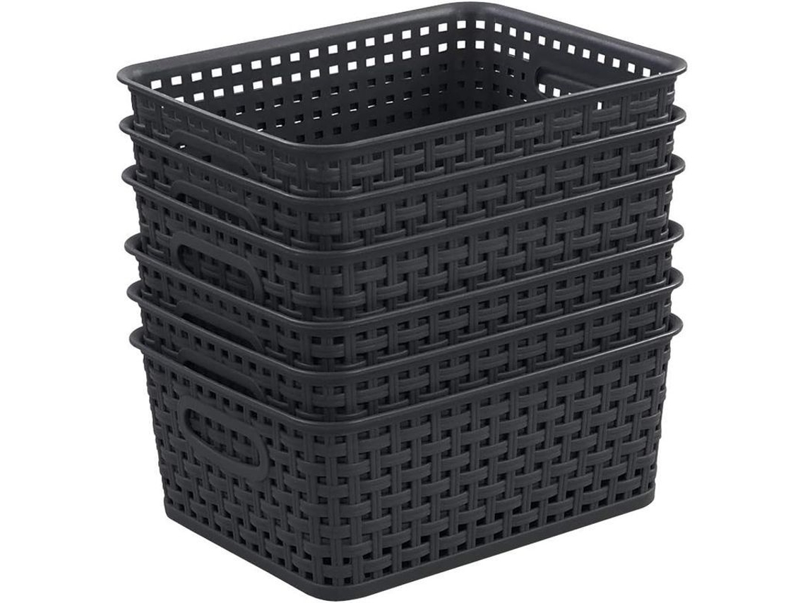 Rebe - Juego de 6 cestas de almacenamiento de plástico negro con diseño de mimbre y asa ergonómica
