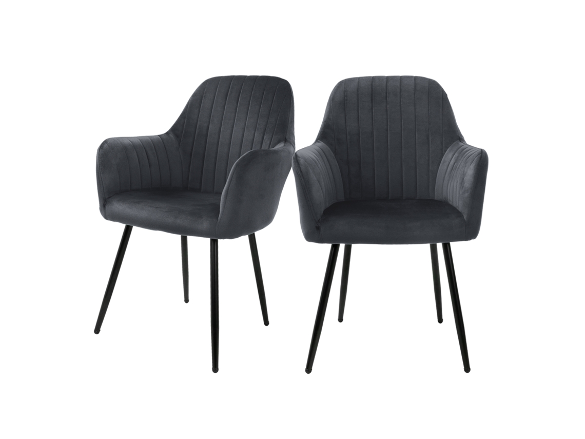 Conjunto de 2 Cadeiras de Jantar com Encosto e Apoio de Braços Cinzentas com Capa de Veludo e Pernas de Metal ML-DESIGN