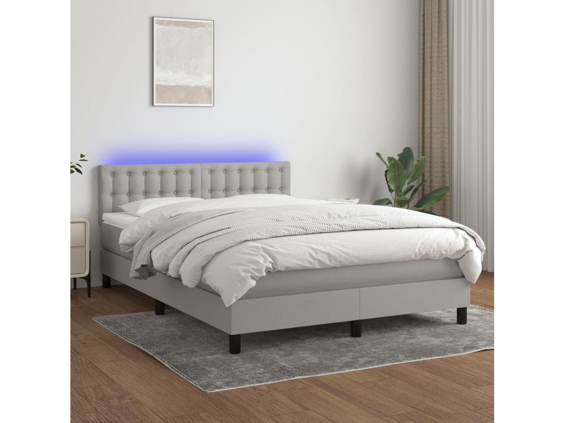 Cama Box Spring Colchón Y Luces Led Tela Gris Claro 140x190 Cm