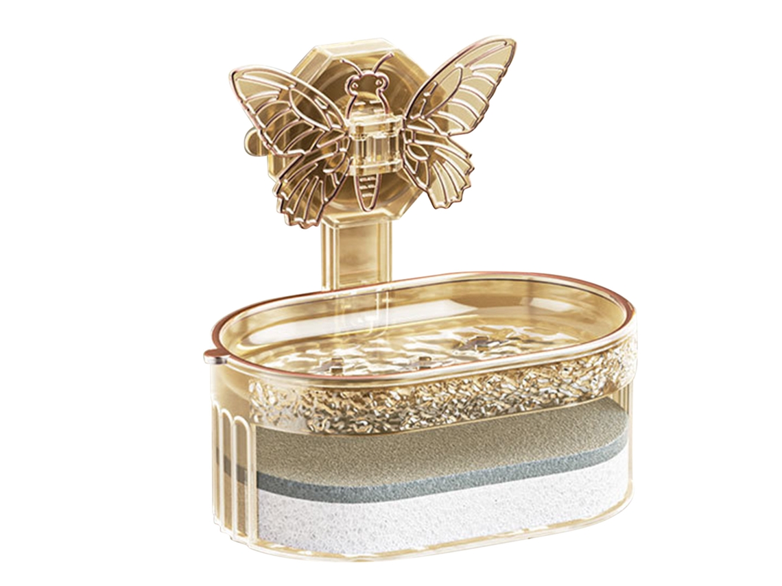Elegante y estiloso jabonera de doble capa con ventosa, jabonera con drenaje y esponja para baño y cocina, color dorado.