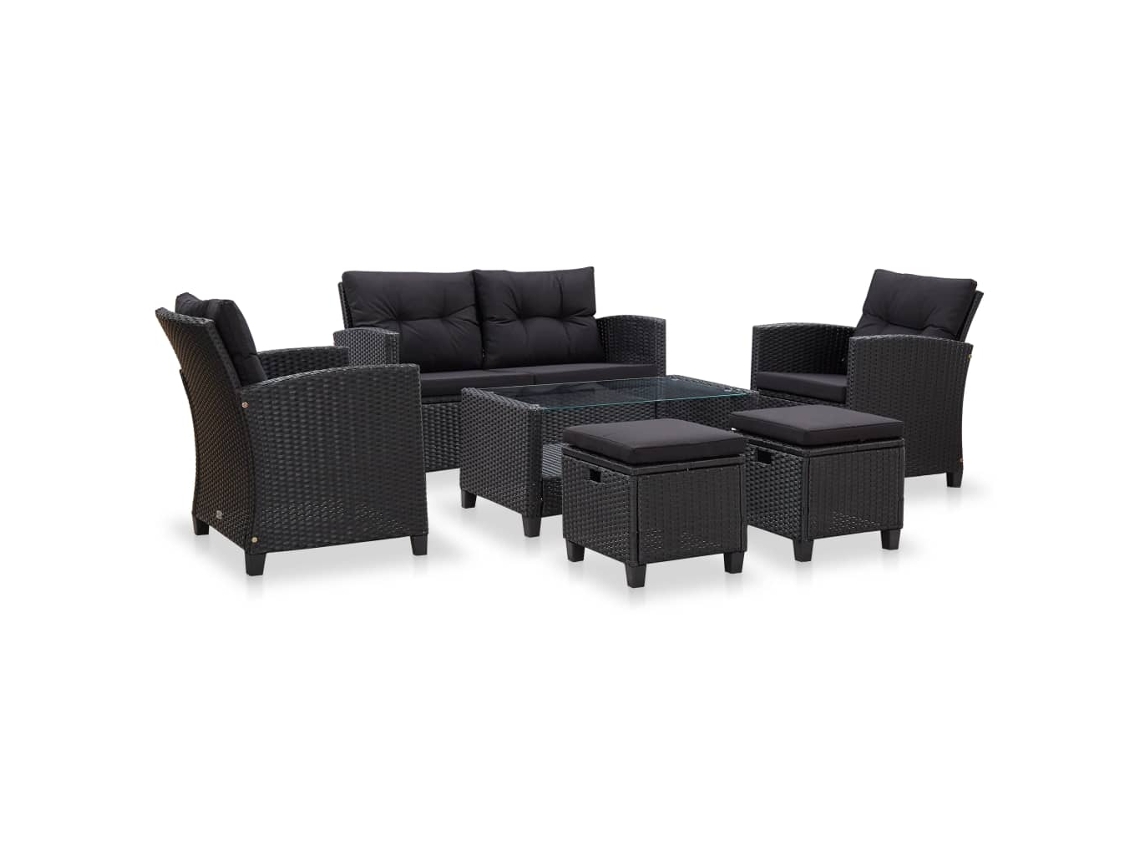 Conjunto de sofá de jardín de 6 piezas con cojines, mimbre sintético negro, DKD Home Decor