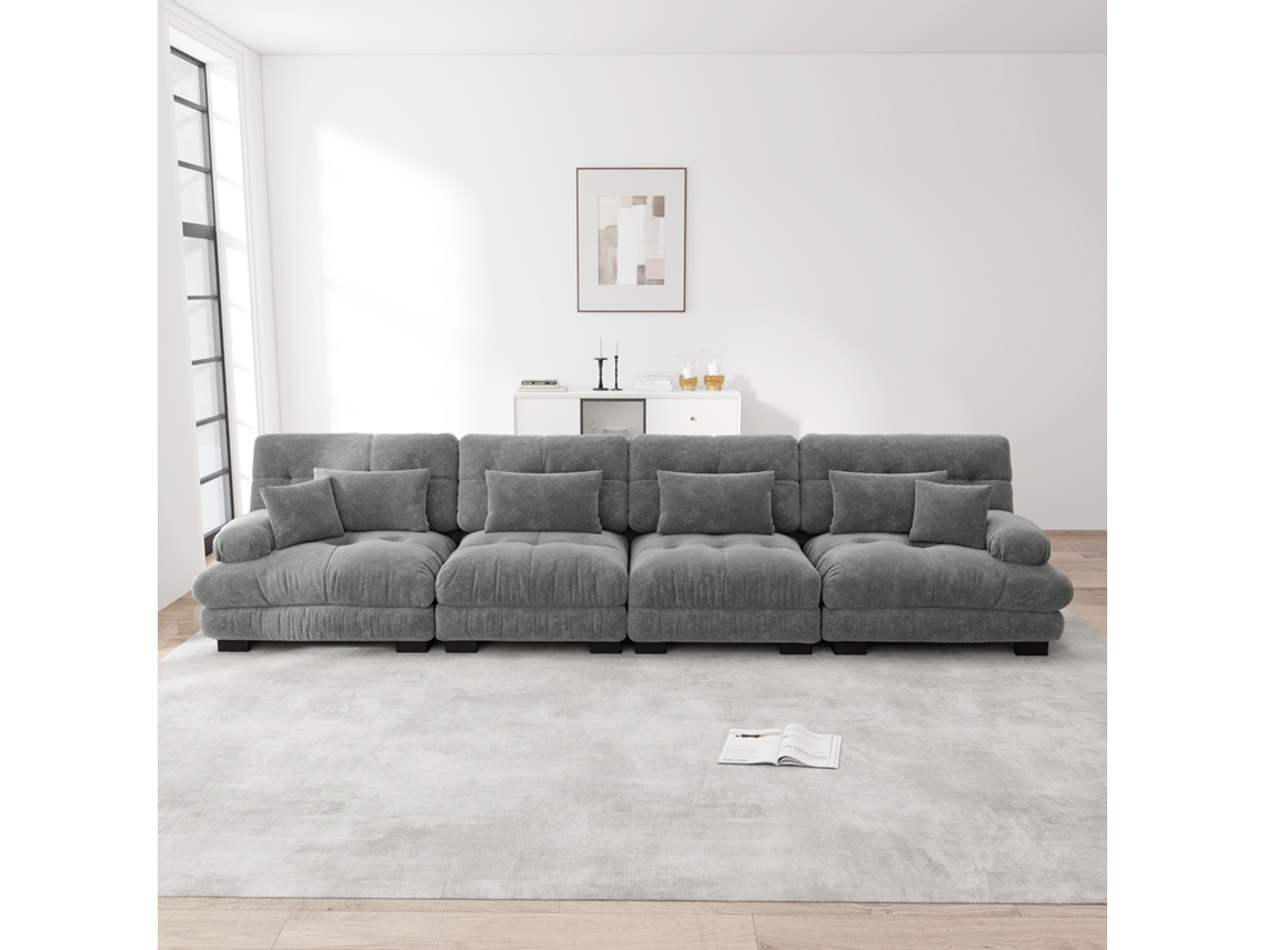 Sofá Modular 4 Plazas - Sofá Cama De Chenilla Con Asiento Profundo - Gris