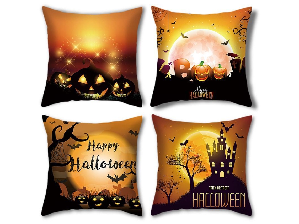 Set De 4 Fundas Para Almohadas De Halloween Decoración Naranja Y Negra 45x45 Cm