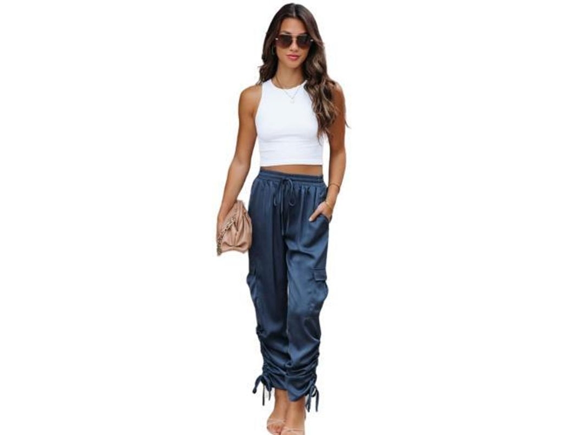 Pantalones Casuales De Seda De Talle Alto Para Mujer Con Bolsillos, Pantalones Largos Para Estar En Casa.