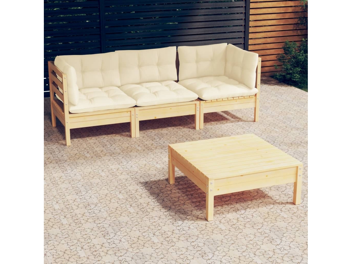 4 Piezas Conjunto Lounge Jardim C/ Almofadões Creme Pinho Dkd Home Decor