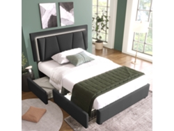Cama de 90x200 cm con 2 cajones, LED, somier de láminas, estilo lino gris