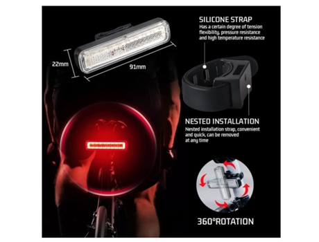 Luz trasera de bicicleta, luz de advertencia recargable por Usb, luz trasera ultrabrillante Cob multimodo RGB, luz trasera de bicicleta negra ENZONS