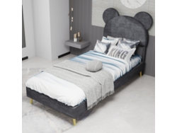 Cama infantil tapizada de 90 x 200 cm con cabecero suave y dibujos animados, base baja, sin almacenaje, gris, Mobrio