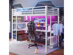 Cama Alta De 90x200 Cm, Escritorio Led, Usb, 3 Cajones, Estantes, Barandilla Blanca.