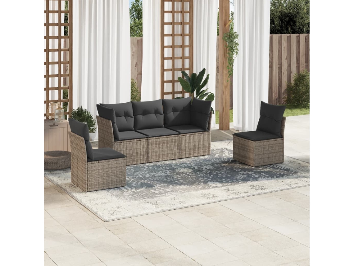 Conjunto de sofá de jardín de 5 piezas con cojines, ratán gris, DKD Home Decor